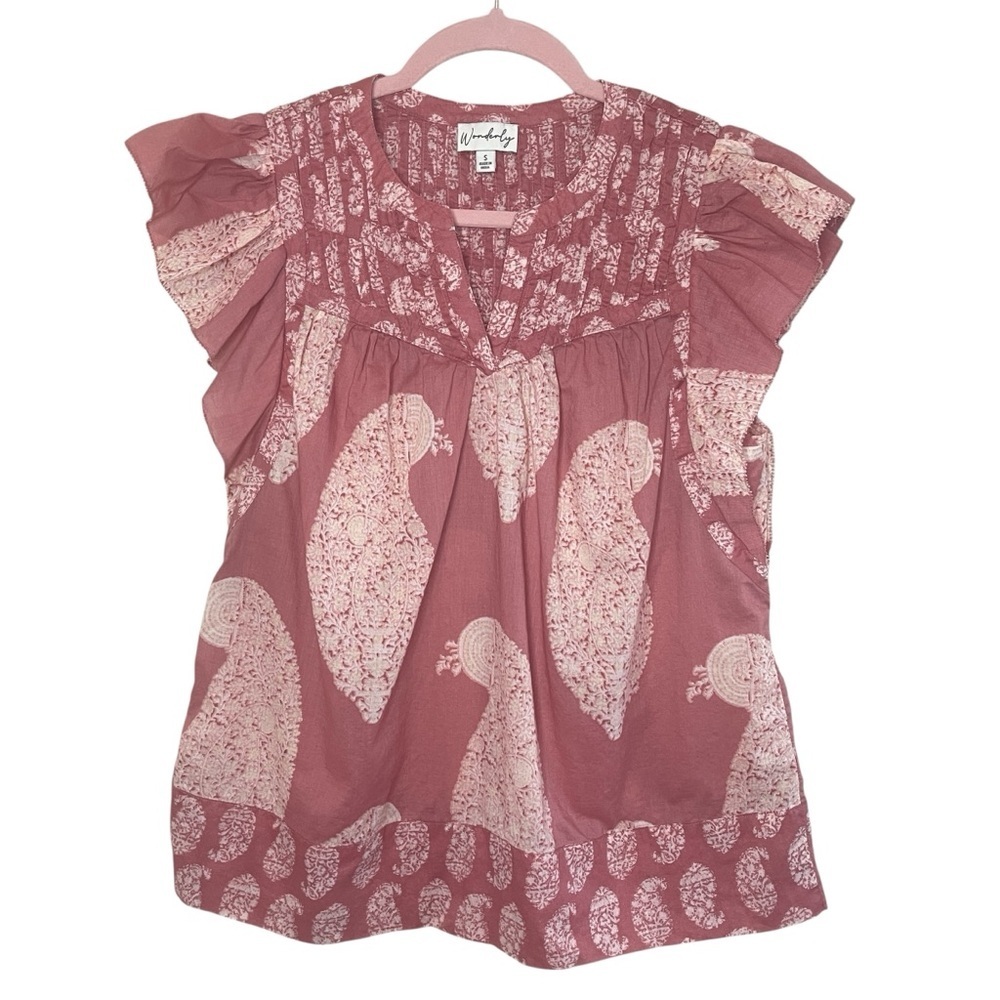 Wonderly Dusty Rose Paisley Flutter Sleeve Cotton Top, Small